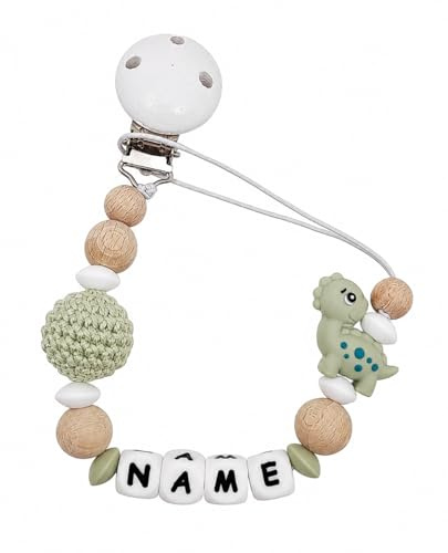 Individuell gestaltetes Babygeschenk personalisiertes Schnullerkette mit Namen für Mädchen oder Junge Baby Geschenk personalisiert zur Geburt & Taufe (Dino lindgrün)