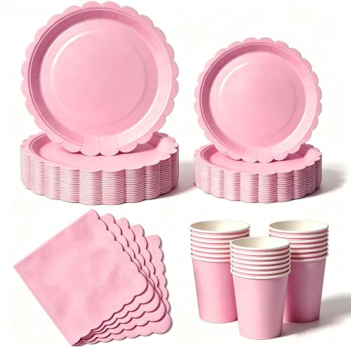 Nkaiso Set de Vaisselle Jetable 50 Pièces Rose 10 Personnes | Service Tout - 10 Assiettes Plates, 10 Assiettes Dessert, 10 Gobelets, 20 Serviettes - Pour Anniversaire, Mariage, Fête