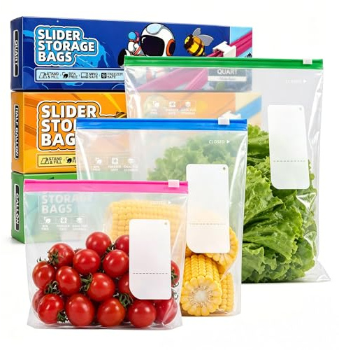 RAYNEAY 75PCS Food Storage Freezer Bags, 3 Size Reusable Food Zip Lock Bags | 4.55L/2.27L/1L, BPA Free, Reusable, Expandable Bottom, Slider Ziplock Food Freezer Bags for Meat, Fruits, Veggies, Sandwich