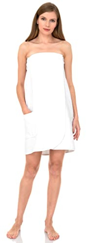 TowelSelections Womens Shower Wrap Adjustable Cotton Terry Cloth Gym Cover Up with Snaps Medium-Large White