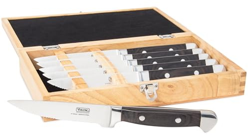 Viking Steak Knife Set, 6-Piece German Stainless Steel Knives with Pakkawood Handles and Wooden Box, Hand Wash Only, Black