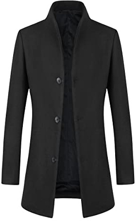 YOUTHUP Men's Wool Coat Mid-Length Winter Trench Coat Casual Business Peacoat, Black-Thin, XL