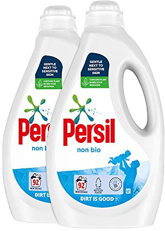 2-pack persil icke-biologisk slitstark mot fläckar, skonsam bredvid känslig hud tvätt tvätt flytande tvättmedel 100% återvinningsbar flaska 92 tvätt, 2,484 L