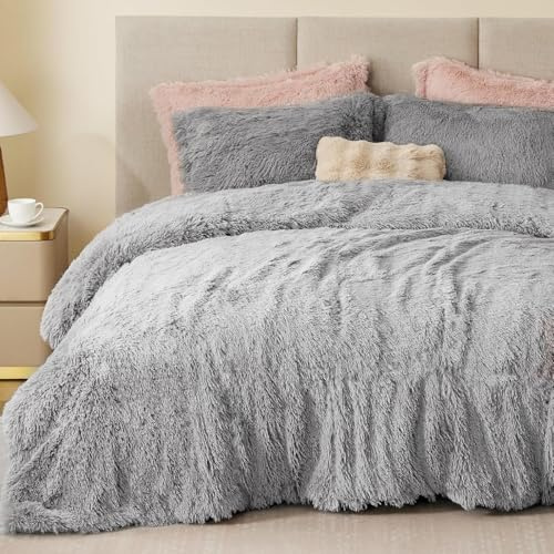Sacebeleu Ropa de cama invierno, 135x200 cm, grises, felpa, pelo largo, mullido, franela, funda nórdica cálida, 1 funda almohada 80x80 cm con cremallera