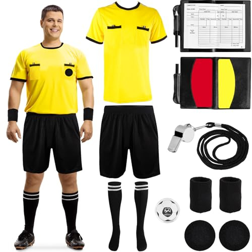 Fußball-Schiedsrichter-Set enthält Fußball-Schiedsrichter-Trikot-Shorts, Socken, rot-gelbe Karten mit Aufnahmepapier, 3 Band-Sticks aus Edelstahl, Pfeife, Seitenauswahl, Armbänder für Sport (XL)