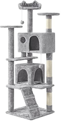 Yaheetech Kratzbaum groß Kletterbaum 158 cm hoch Katzenkratzbaum, Stabiler Katzenbaum mit 3 Plattformen, 3 Kratzsäulen, 2 Höhle, Plüschbälle Katzenmöbel, Hellgrau