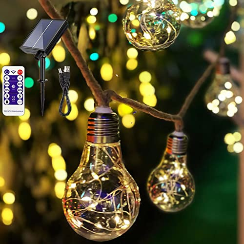 SUAVER Solar Lichterkette Aussen, Retro Hanfseil Lichterkette Außen mit Fernbedienung/USB Aufladung,LED Birnen Solarlampen Fairy Lights Deko Hochzeit Outdoor für Garten,Partys (5m 10Birnen)