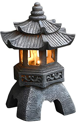 DNCG Estatua de jardín de decoración asiática de Pagoda con luz Solar de jardín, Farol de Pagoda de Piedra de imitación, Figura Zen for Exteriores, Resina