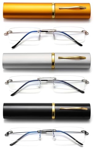 ZUVGEES 3 Stueck Metall Randlos Blaulichtfilter Lesebrille für Herren und Damen Lightweight Anti-blaue Computerbrille mit Brillenetui wie Stifthalter（Schwarz Silber und Gold,250）