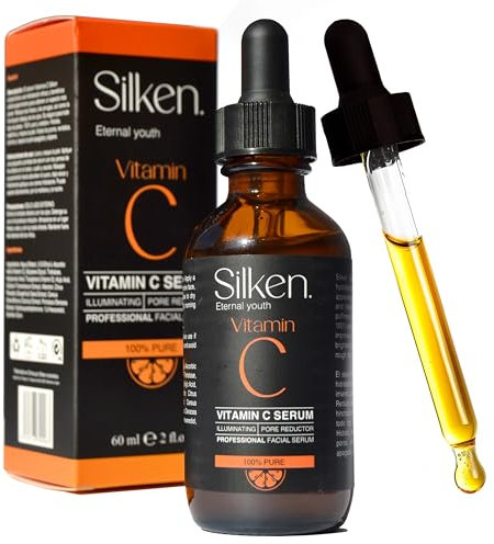 Sérum facial Vitamina C con Ácido Hialurónico y Vitamina E (60ml). Antiarrugas | Antiojeras | Corrector manchas piel | Hidratación facial. Piel brillante y luminosa. 100% vegano - SILKEN