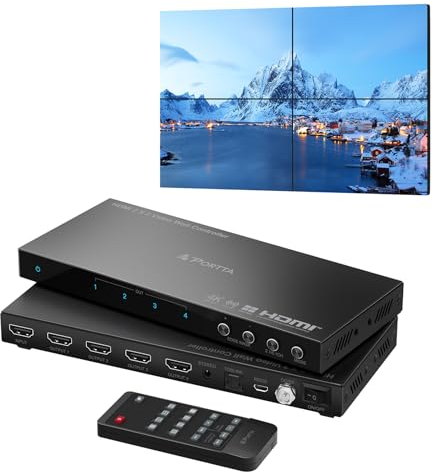 Controlador de pared de video HDMl 2x2 4K, procesador de pared de video PORTTA con 11 modos de empalme, RS232, rotación de 180°, extractor de audio, 2x2,1x2,1x3,1x4,2x1,3x1x4x1, 4 pantallas de TV en 1