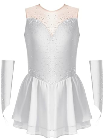 Kvysinly Glitzer Mädchen Eiskunstlauf Kleid Tanzkleid mit Handschuhen ärmellose Ballettkleidung Mit Strass Wettbewerb Outfit Weiß 122-128