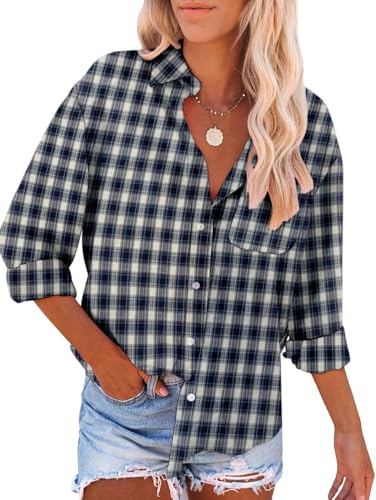 YUTILA Chemise à carreaux pour femme - Manches longues - Col en V - Blouse décontractée avec poche, bleu foncé, L