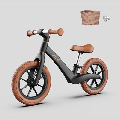 Allis LUMI 12 Balance Bike with Basket and Bell - Training Bike for Toddlers with Adjustable Seat for Age 2-5Y - Sturdy Design Puncture Proof Tires and Rust Resistant Frame - Black