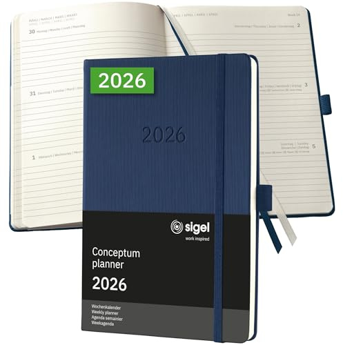 SIGEL C2662 Wochenplaner Wochenkalender 2026, ca. A5, dunkelblau, Hardcover, 192 Seiten, Gummiband, Stiftschlaufe, Archivtasche, aus nachhaltigem Papier, Kalenderbuch Conceptum