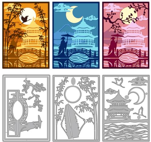 DELORIGIN Layered Japanese Architecture Cutting Dies for Card Making, Carbon Steel Cut Die Border Stencils Scrapbooking Embossing Template Dies for Paper Crafting DIY Photo Album Collage Card Making