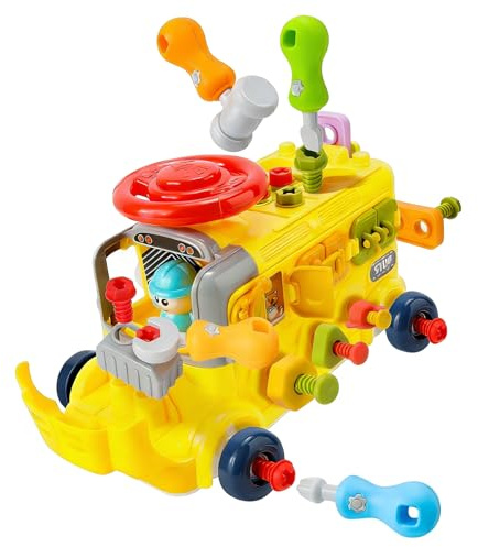 Aolieh 6-in-1 Take Apart School Bus Toy, Busy Bus with Screwdriver, Hammer, Wrench, Steering Wheel & Gears, STEM Fine Motor Learning Gift for Boys Girls Age 3-6