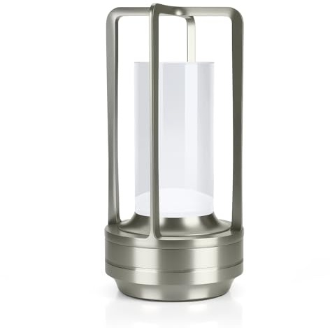 MMOBIEL Cordless Glass Table Lamp Rechargeable Metal LED Lamp with Touch Control, 3-Color Stepless Dimming, USB-C Charging, 2000mAh Battery for Bedroom, Restaurant, Patio, Indoor/Outdoor – Silver