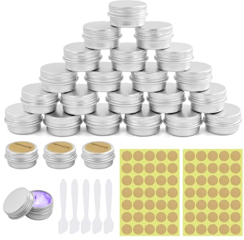 25 stycken Aluminiumburk, 5 ml tom, läppbalsambehållare med 70 klistermärken och platt sked, krämburkar för fyllning, lock för läppbalsam, kräm, masker, miniljus, kosmetika