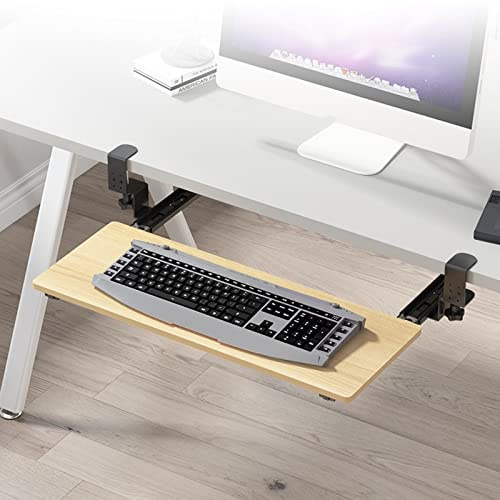 Justerbar ergonomisk tangentbordsbricka under skrivbord med glidande träplattform, klämdesign stöder upp till 25 kg, perfekt för hemmakontor och spelinställningar