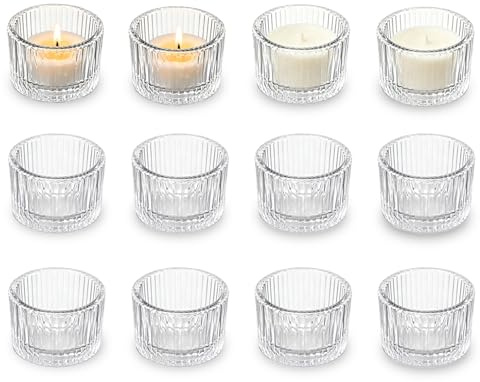 Lot de 12 Photophore Verre Transparent 5 x 3.5 cm, Bougeoir Support Bougie Chauffe Plat, Supports à Bougies Style Rétro, Décoration Table DIY pour Centre de Table, Mariage, Fête Maison, Camping