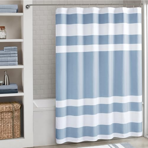 Madison Park duschdraperi våffelväv randig design tyg duschdraperi med 3 m Scotchgard fukthantering premium spa-kvalitet moderna duschdraperier för badrum höga 183 cm x 213 cm blå