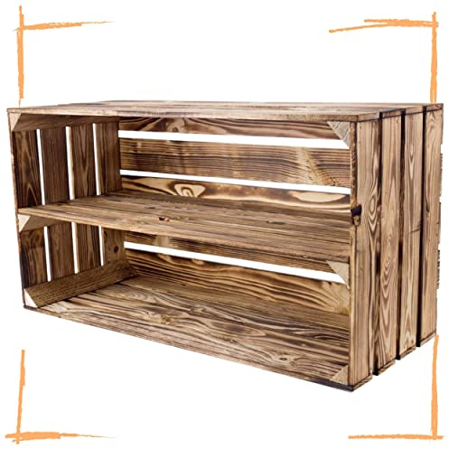 Vintage Möbel 24 GmbH Große Geflammte Holzkiste mit Mittelbrett 68x40x30cm (1er Paket)