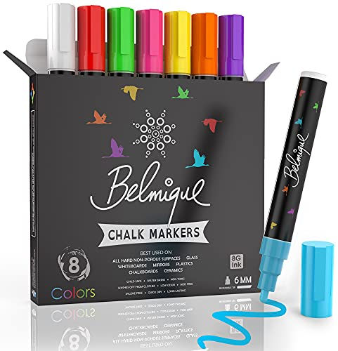 Belmique Kreidestifte Bunt Neonfarben für Tafel & Fenster 6mm | Perfekt als Kreidestift, Kreidemarker, Folienstifte, Tafelstift, Glasmarker & Whiteboard Marker - Trocken Abwischbar