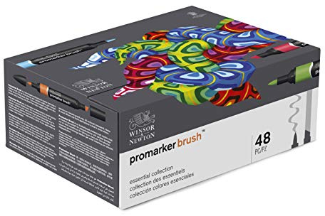 Winsor & Newton 0290080 BrushMarker (für Zeichnungen, Kalligraphie, Design und Layouts, streifenfreies Zeichnen mit Keil- und Pinselspitze) 48 Farben Set