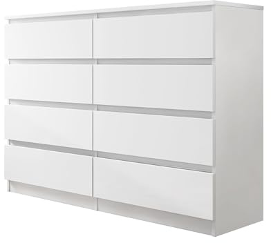 Mirjan24 Kommode Malwa M8 mit 8 Schubladen (Weiß) | Griffloses Sideboard mit tiefen Schubladen und Rollgleitschienen, je bis 8 kg belastbar, B/H/T: 138/100/40 cm