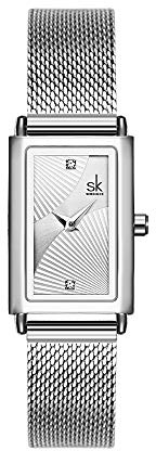 SHENGKE Damen-Armbanduhr mit rechteckigem Edelstahlgehäuse und Milanaise-Armband