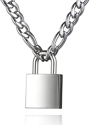 DIBOLA Collana con lucchetto, in acciaio inox, per uomo e donna, colore argento, 45,7-61 cm