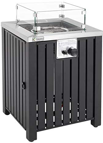 tepro Gasfeuerstelle Topeka quadratisch 50x50 cm – Gas-Tischkamin mit Edelstahl-Brenner (13 kW), Glasumrandung, Lavasteinen, Zündung, Abdeckhaube & Regler – Outdoor Feuerstelle für Terrasse & Garten