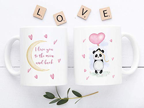 Bedruckte Tasse mit Panda Bär und Spruch I love you to the moon and back