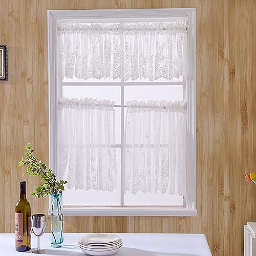 POFET 4 Paneele Bestickte Spitze Kleines Fenster Voile Sheer Volant Stufen Küchencafé Halbe Vorhänge Volant für Wohnkultur usw. 74x61cm, Weiß