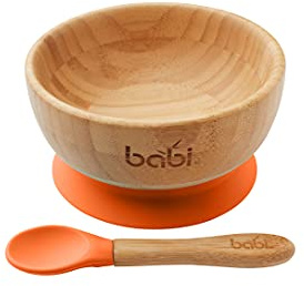 Babi® Baby Kleinkind Schüssel & passendem Löffel-Set, natürlicher Bambus, mit Silikon-Saugnapf (orange)