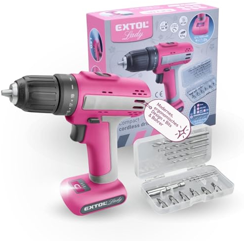 Extol Lady Perceuse-visseuse sans fil pour femme I Perceuse sans fil 12 V pour femme I Perceuse pour bois, métal et plastique I Perceuse sans fil avec 13 embouts et forets I Kit d'outils rose