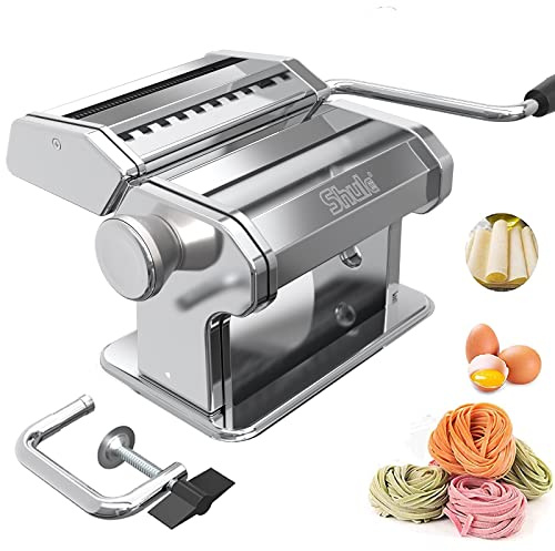 Shule Pasta Maker by - Edelstahl Nudelmaschine inklusive Nudelwalze, Nudelschneider, Handkurbel und ausführliche Anleitung