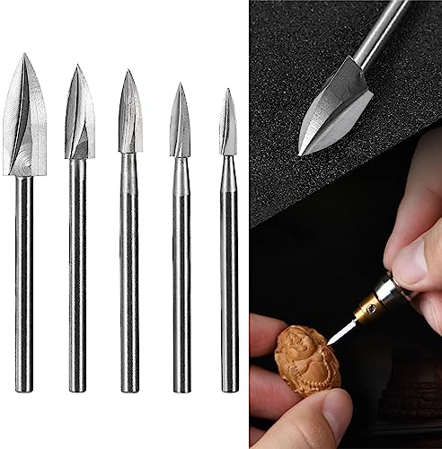 HPMAISON 5 Stück Holzschnitzwerkzeuge, HSS Gravierwerkzeug mit 3mm Schaft, Holz Gravierbohrer Schnitzmesser Set Rotationswerkzeuge Zubehoer für Holzbearbeitung