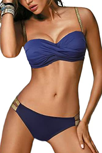 JFAN Floral Baddräkt Tvådelad Bikini Halter Push Up Sexiga Strandkläder, Blå, M