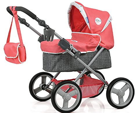 hauck 20-teiliges Puppenwagen Set Angie, Wickeltasche, Bett, Bauchtrage, Zubehör, Grau Pink