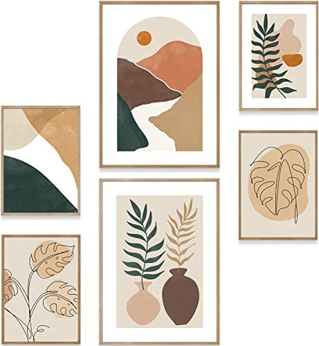 MUUDLY® Poster Set Boho Abstrakt – 6 moderne Wandbilder mit Monstera & Palmen (2×A3, 4×A4) – Stilvolle Bilder fürs Wohnzimmer, Schlafzimmer – Boho Wanddeko ohne Rahmen