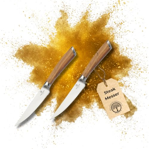 CHEF CUISINE Steakmesser-Set mit Olivenholzgriff – 2 Steakmesser handgeschmiedet, 12 cm Klinge, 54-56 HRC-Klingenhärte, rostfrei, ergonomisch, scharfe Klinge von Hand geschliffen und poliert