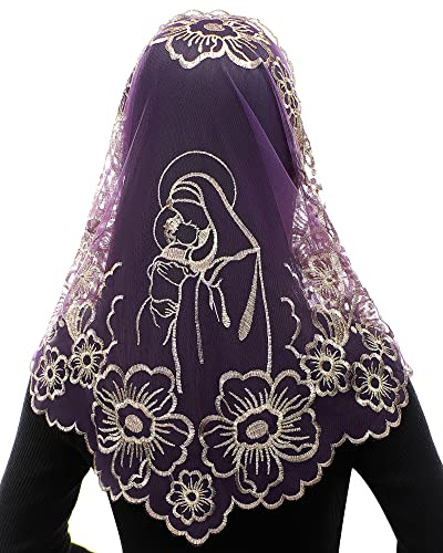Bozidol Catholic Church Veil Traditional Mass Mantilla Chapel Lace Scarf Triangle Orthodox Prayer Veil (Purple-Gold)