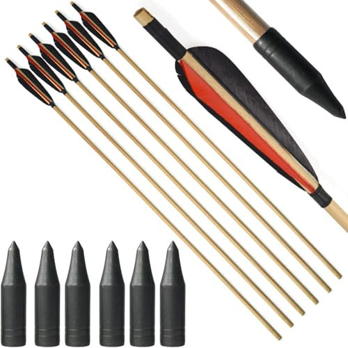 wolfman 6/12pcs Bogenschießen Holzpfeile 32 Zoll Zielübungspfeile Jagdpfeile Erwachsene mit 5 Truthahnfedern für Jagd Recurvebogen Langbogen traditioneller Bogen und Pfeil (12Stk, 2 schwarz 1 rot)