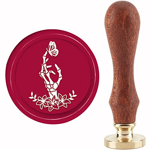 craspire Totenkopf-Wachssiegelstempel Blume Schmetterling Siegellackstempel 30 mm/1.18 Zoll Abnehmbarer Messingkopf-Siegelstempel Mit Holzgriff Für Halloween-Einladungen Karten Geschenkverpackung