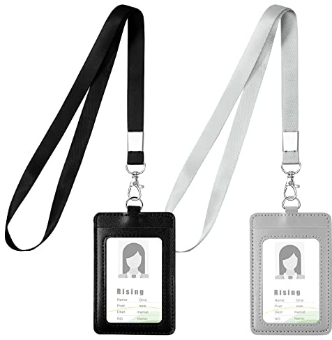 Vicloon Colgante de Tarjeta de Identificación PU, 2Pcs Soporte de Tarjeta ID de Doble, Caracuero Vertical Portatarjetas con Lanyard para Personal, Oficina (Negro&Gris