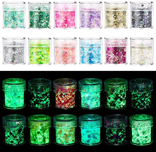 AOOWU Chunky Glitter, 12 Colors Luminous Festival Glitter, Nail Glitter Powder, Holographic Cosmetic Glitter for Face Body Eye Hair Nail and DIY Art (B)