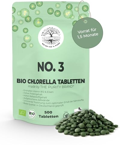 Bio Chlorella 500 Presslinge - Nahrungsergänzungsmittel mit Eisen, Vitamin B12 & hohem Proteingehalt - 1,5 Monate Vorrat - 4,8g empfohlene Tagesdosis - Vegan & laborgeprüft - The Purity Brand