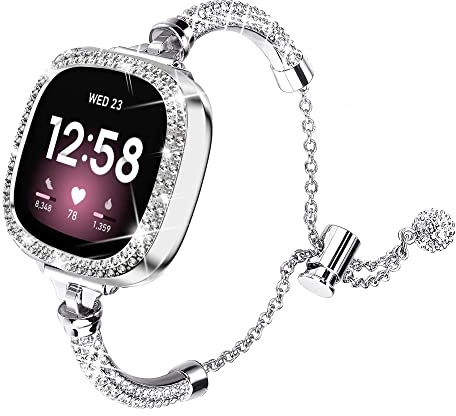 Bling Uhrenarmband, kompatibel mit Fitbit Versa 3/Fitbit Sense für Frauen, Kristalllegierung, Strass, verstellbares Armband, Edelstahl, Metallarmband, Ersatz für Fitbit Versa 3/Fitbit Sense